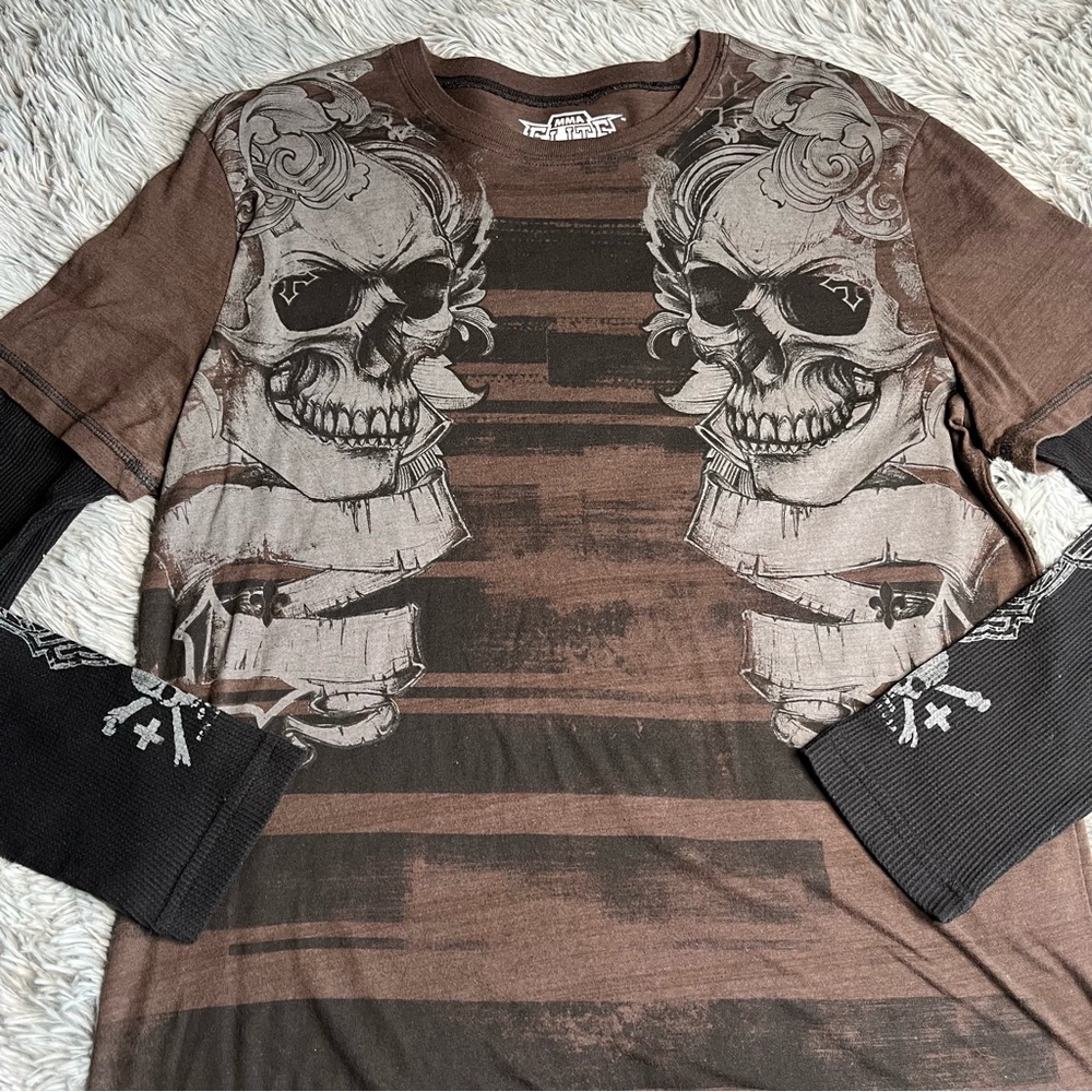 MMA Elite Tshirt Mens Large Skull Long Sleeve Cross Crossbones Martial Arts - Picture 2 of 6